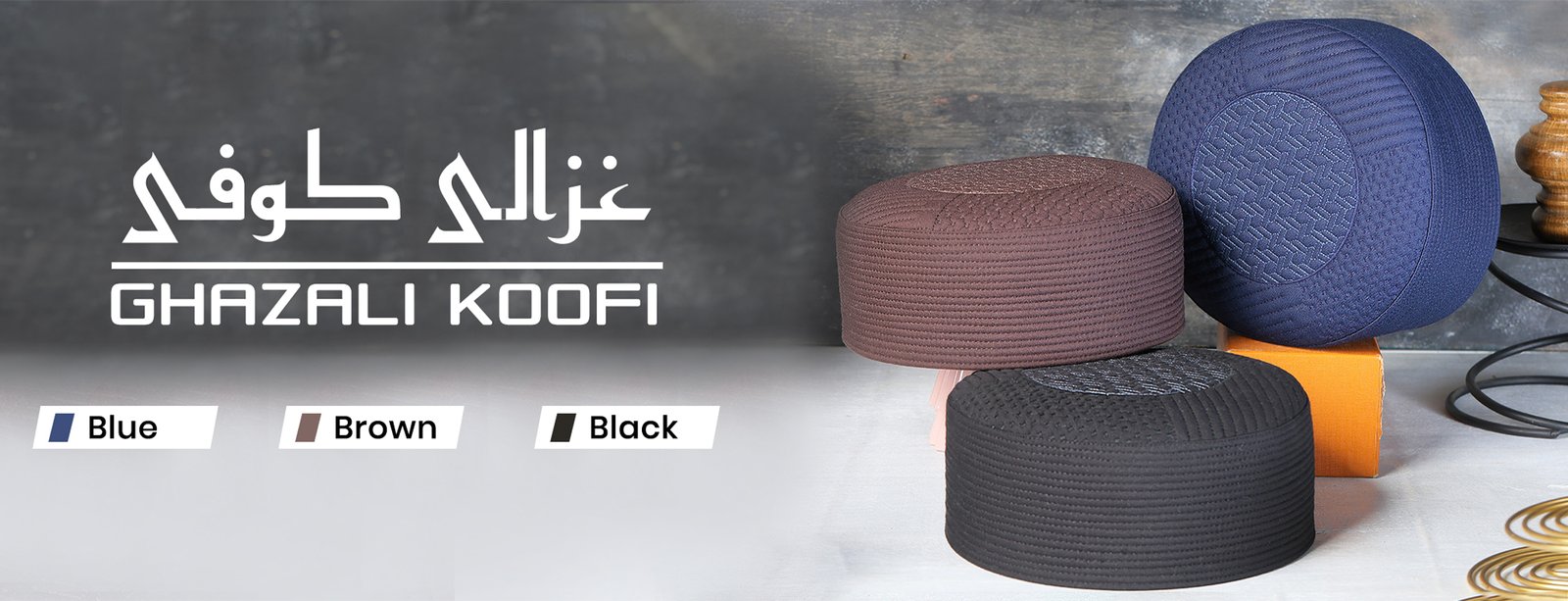 Ghazali Koofi banner – premium Islamic cap by Rassaj with classic cultural design