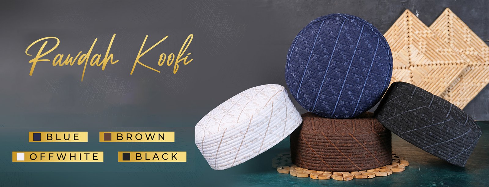 Rawdah Koofi banner – handcrafted Islamic cap by Rassaj for prayer and cultural elegance
